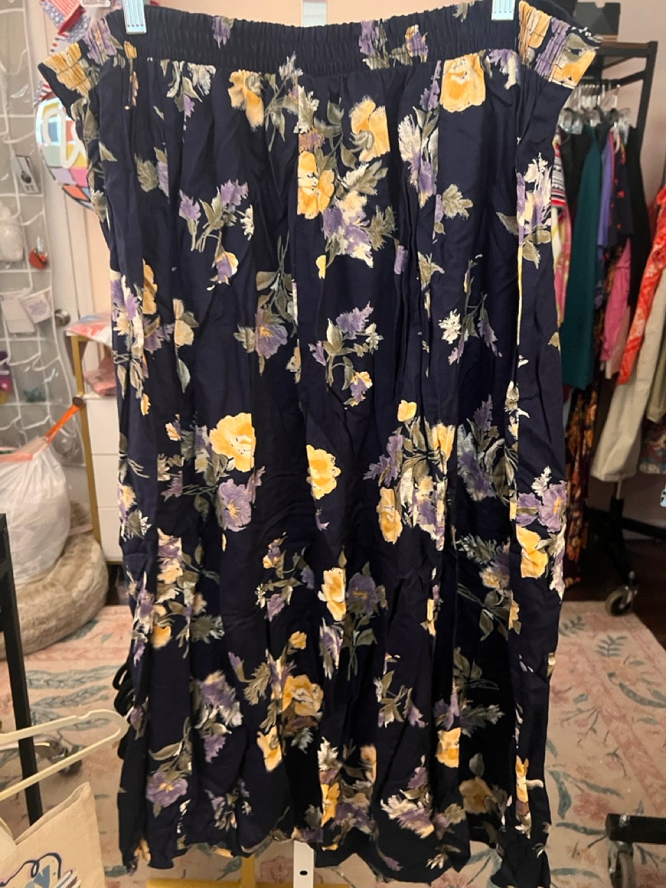 41. 3x (fits 2x) Navy Floral Midi Button Up Skirt