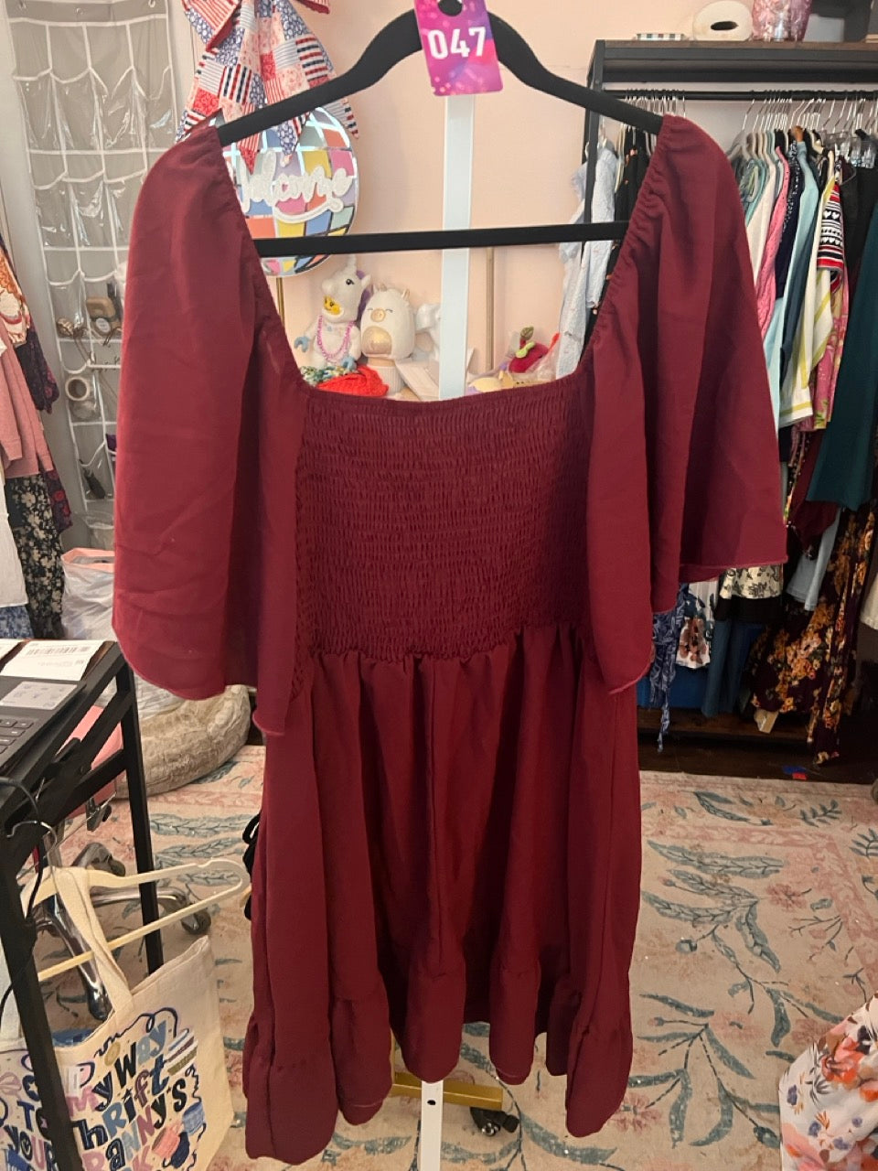 47. 2x (fits 1x) Maroon Flutter Sleeve Embroidered Dress