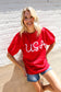 Patriotic USA Red Knit Embroidery Puff Sleeve Sweater Top