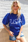 Patriotic USA Blue Knit Embroidery Puff Sleeve Sweater Top