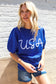 Patriotic USA Blue Knit Embroidery Puff Sleeve Sweater Top