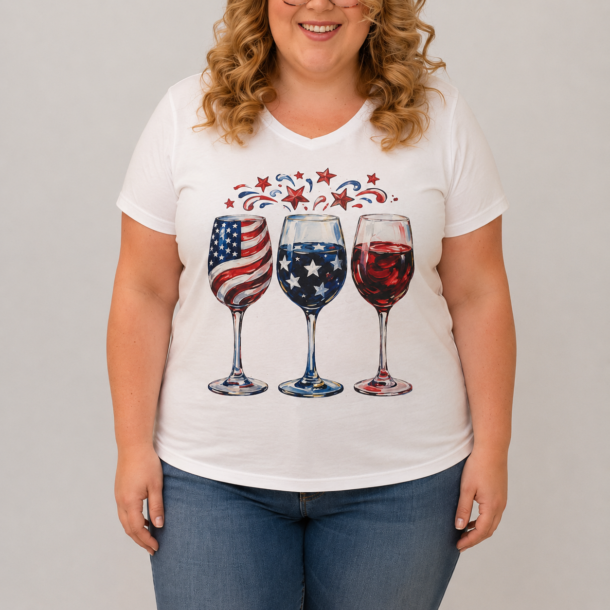 Choose Your Size Pressed Shirt  - Faux Painted Americana Wine Glasses