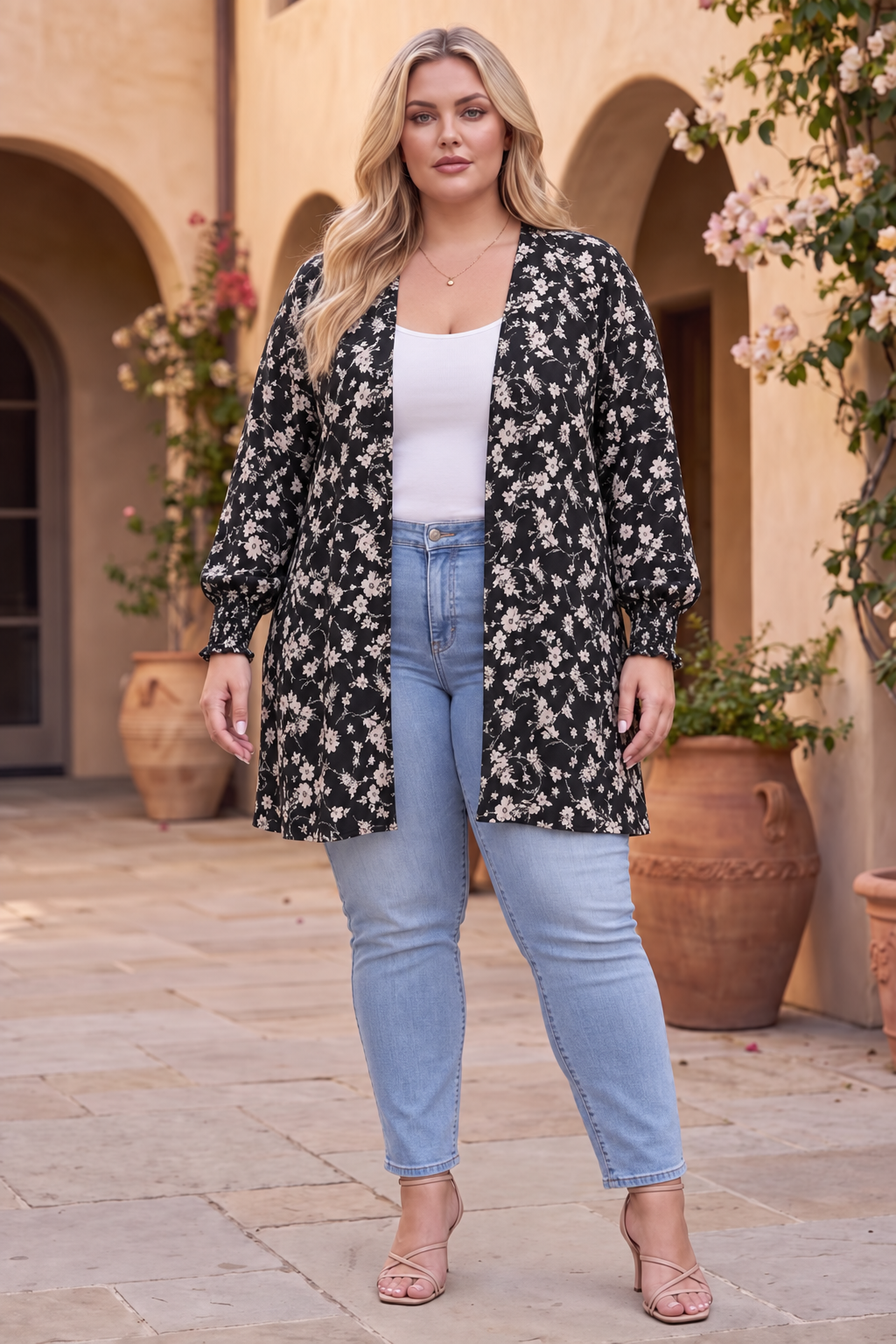 The Noir Floral Smocked-Sleeve Cardigan