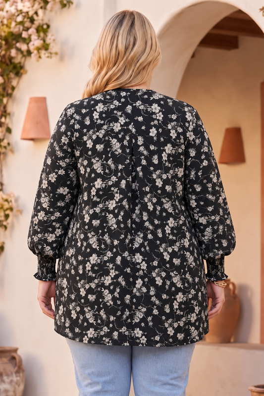 The Noir Floral Smocked-Sleeve Cardigan