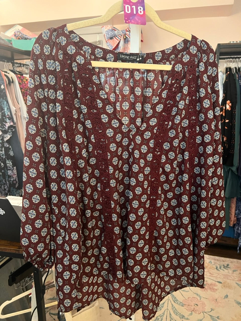 18. 1x Living Doll Burgundy Lace boho top