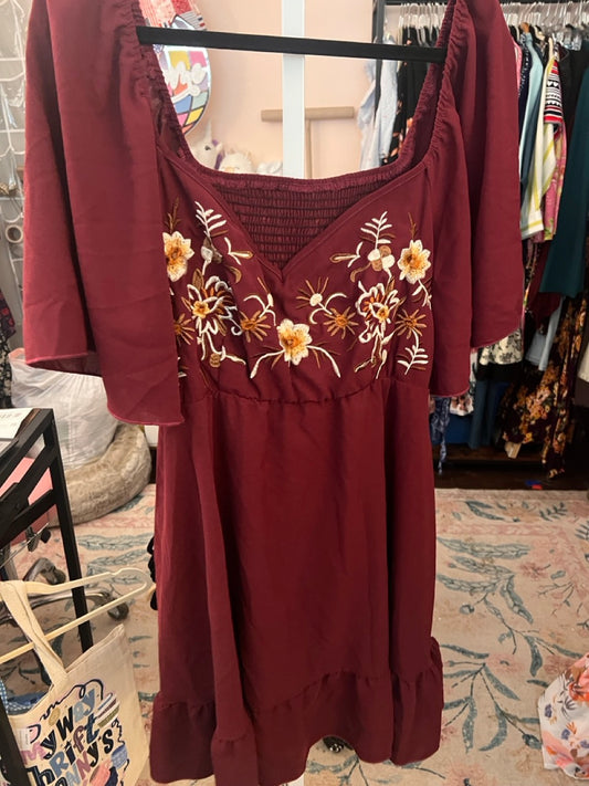 47. 2x (fits 1x) Maroon Flutter Sleeve Embroidered Dress