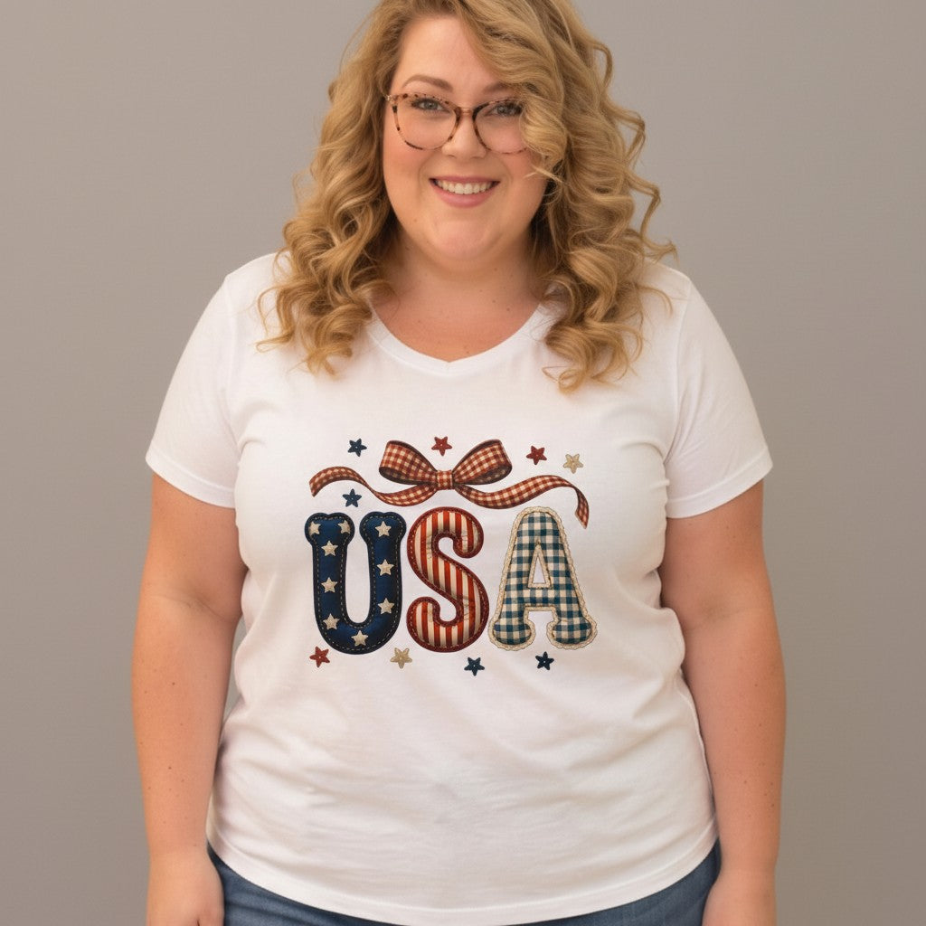 Choose Your Size Pressed Shirt  - Puffy Quilted USA with Bow