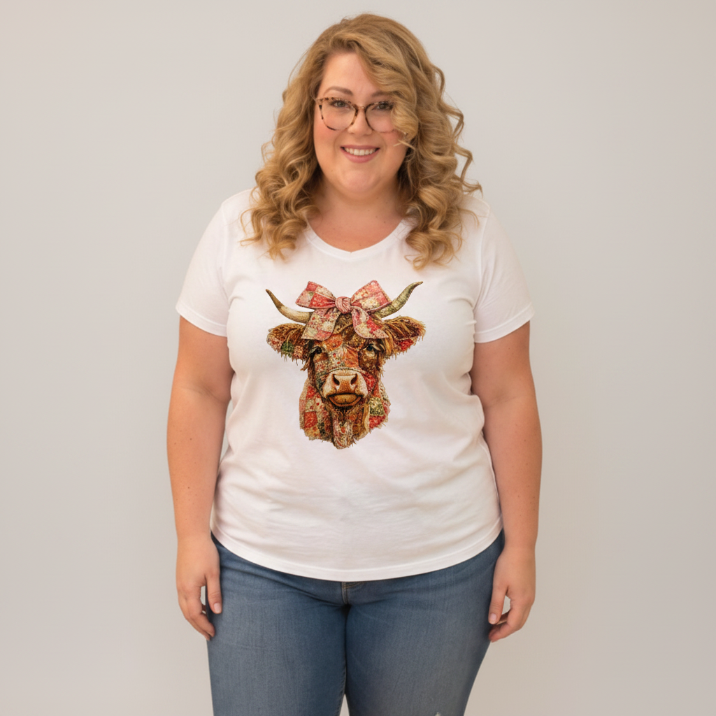 Choose Your Size Pressed Shirt  - Patchwork Highland Cow with bow