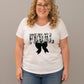 The Quirky Closet white cotton V-neck t-shirt with "FERAL" floral graphic and oversized dark green velvet bow.